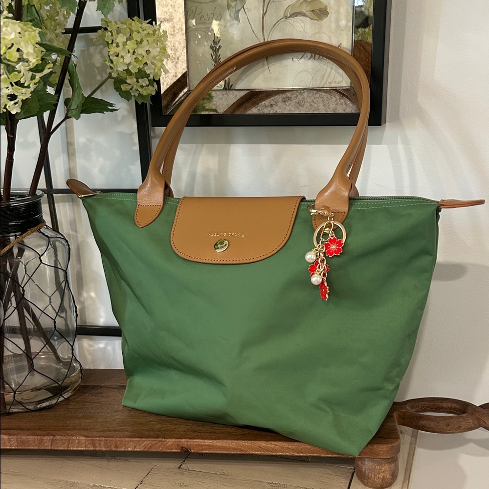 Green Nylon Tote with Tan Trim by Longchamp - Picture 4 of 7
